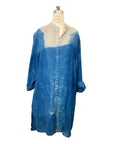 A beautiful indigo dyed linen long jacket with block motif, front view.