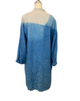 A beautiful indigo dyed linen long jacket with petal motif, back view.