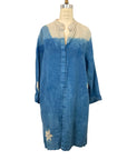 A beautiful indigo dyed linen long jacket with petal motif, front view.