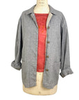 The sunrise jacket in light grey organic cotton and hemp shown on a dress form, front view