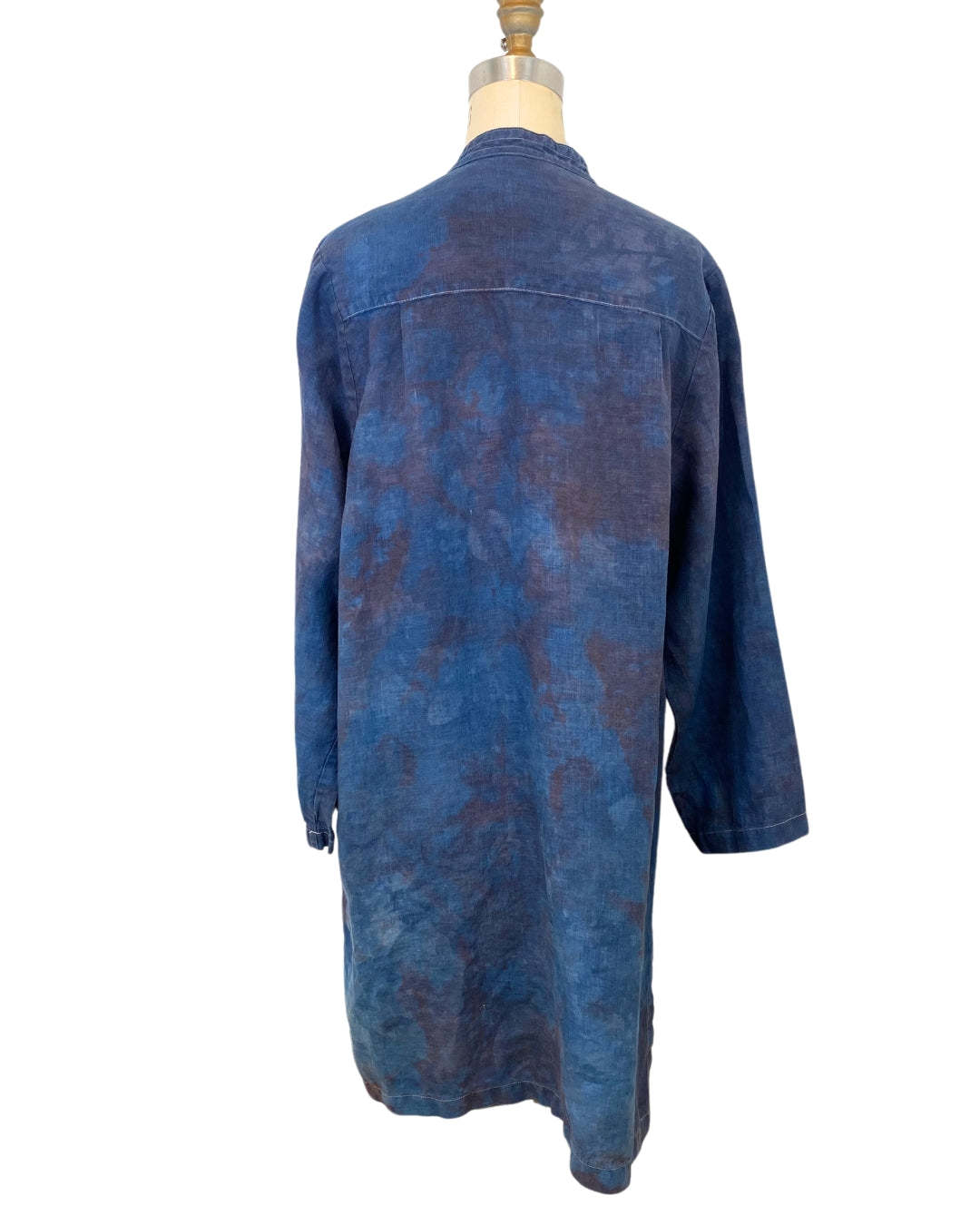A beautiful blue purple linen long jacket back view.