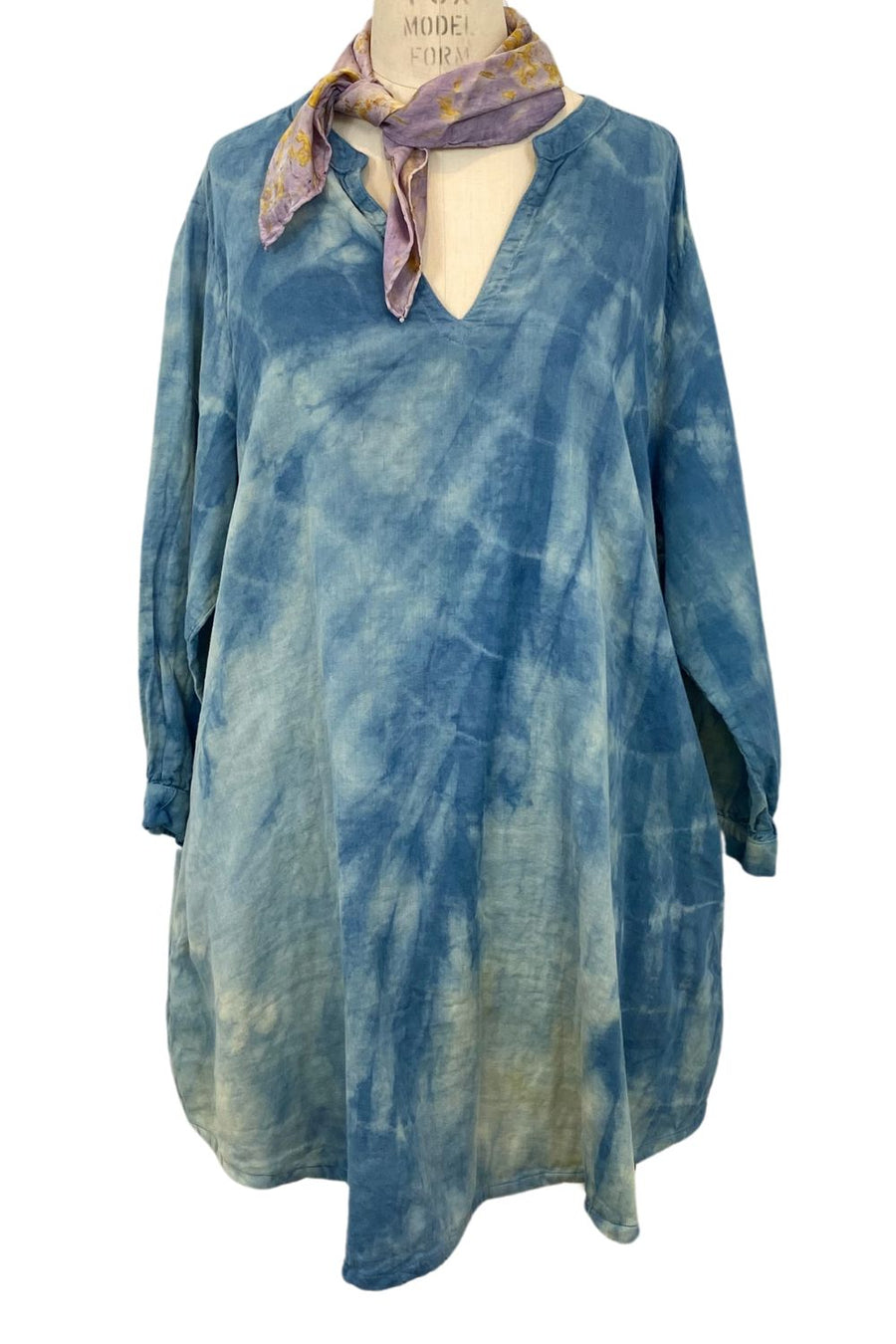 Botanically Dyed Cotton Tunic in Teal Ripple