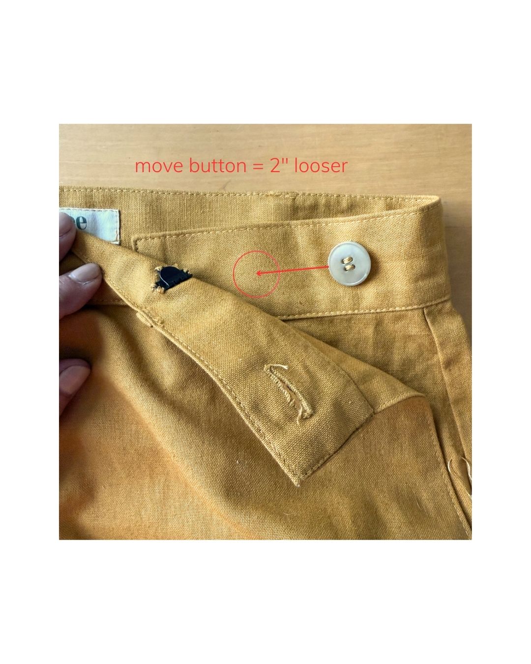 Close-up of the Emily pant adjustable waistband.