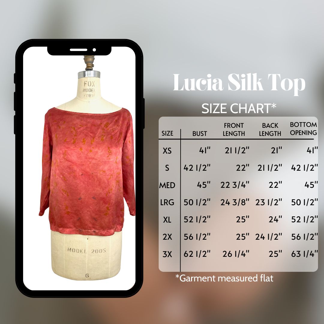 The Lucia top size guide from XS - 3X