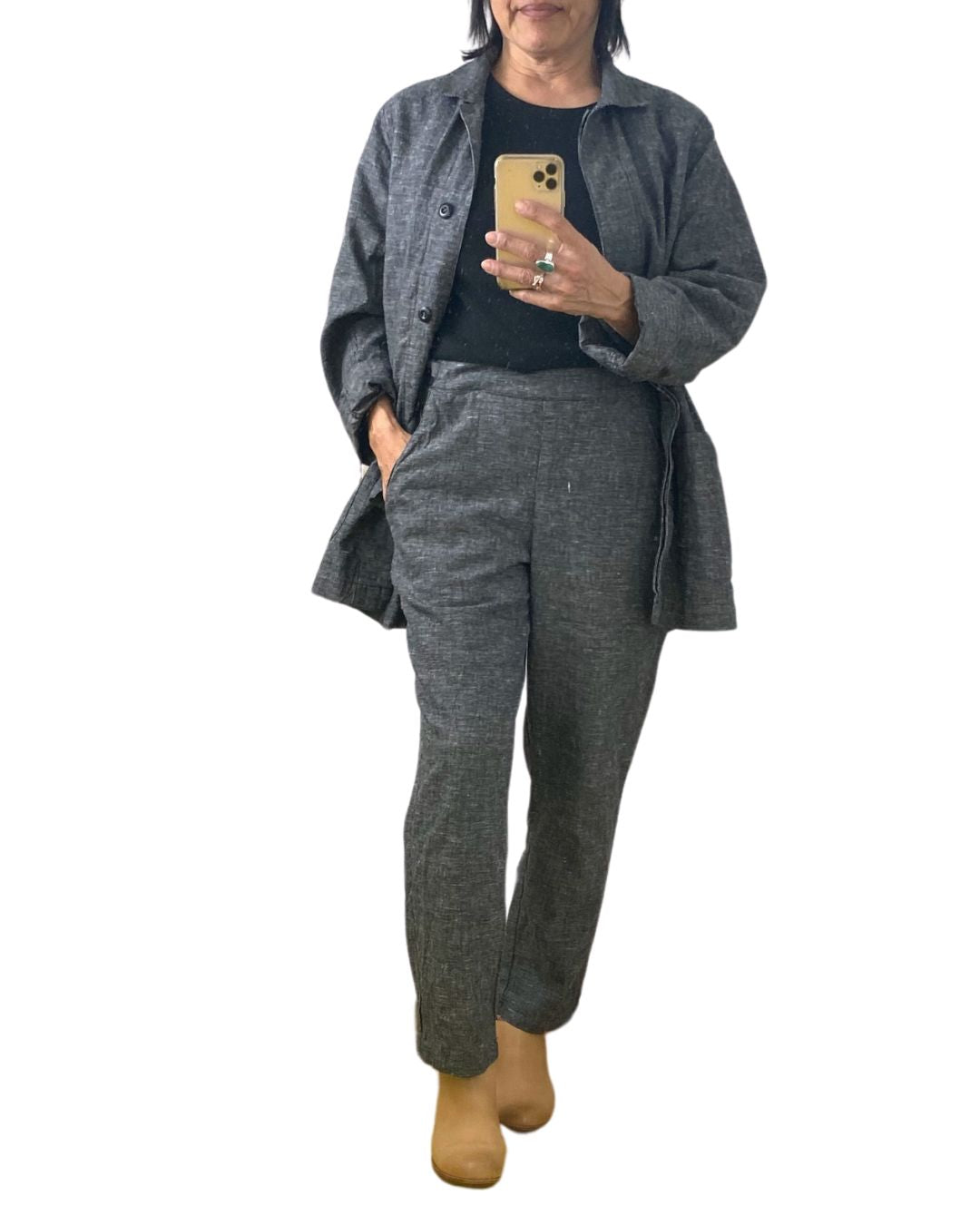 The black crop Nico pant, front view, styled with the Sunrise Jacket.