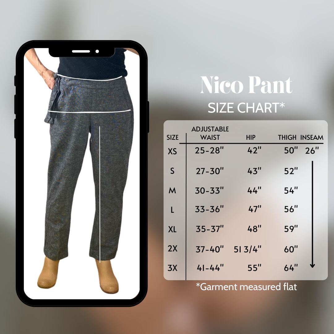 The size guide for the Nico pant. Sizes are from XS - 3X.