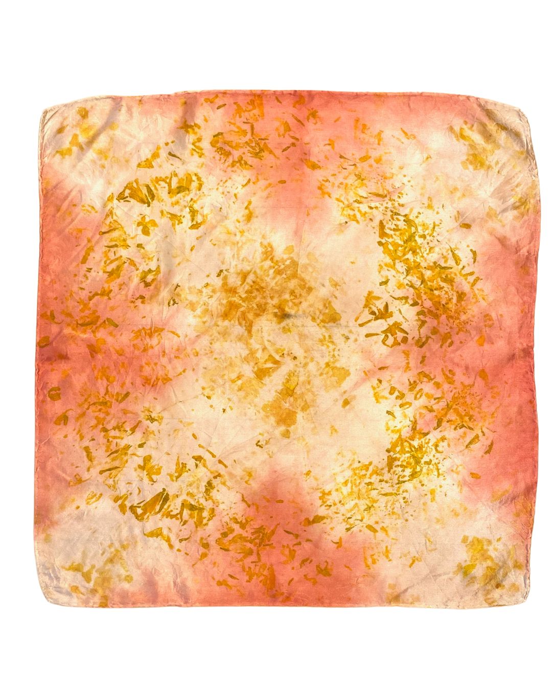 A square silk coral white scarf naturally dyed floral print shown flat