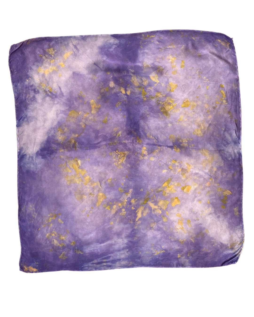 A square silk purple scarf naturally dyed floral print shown flat