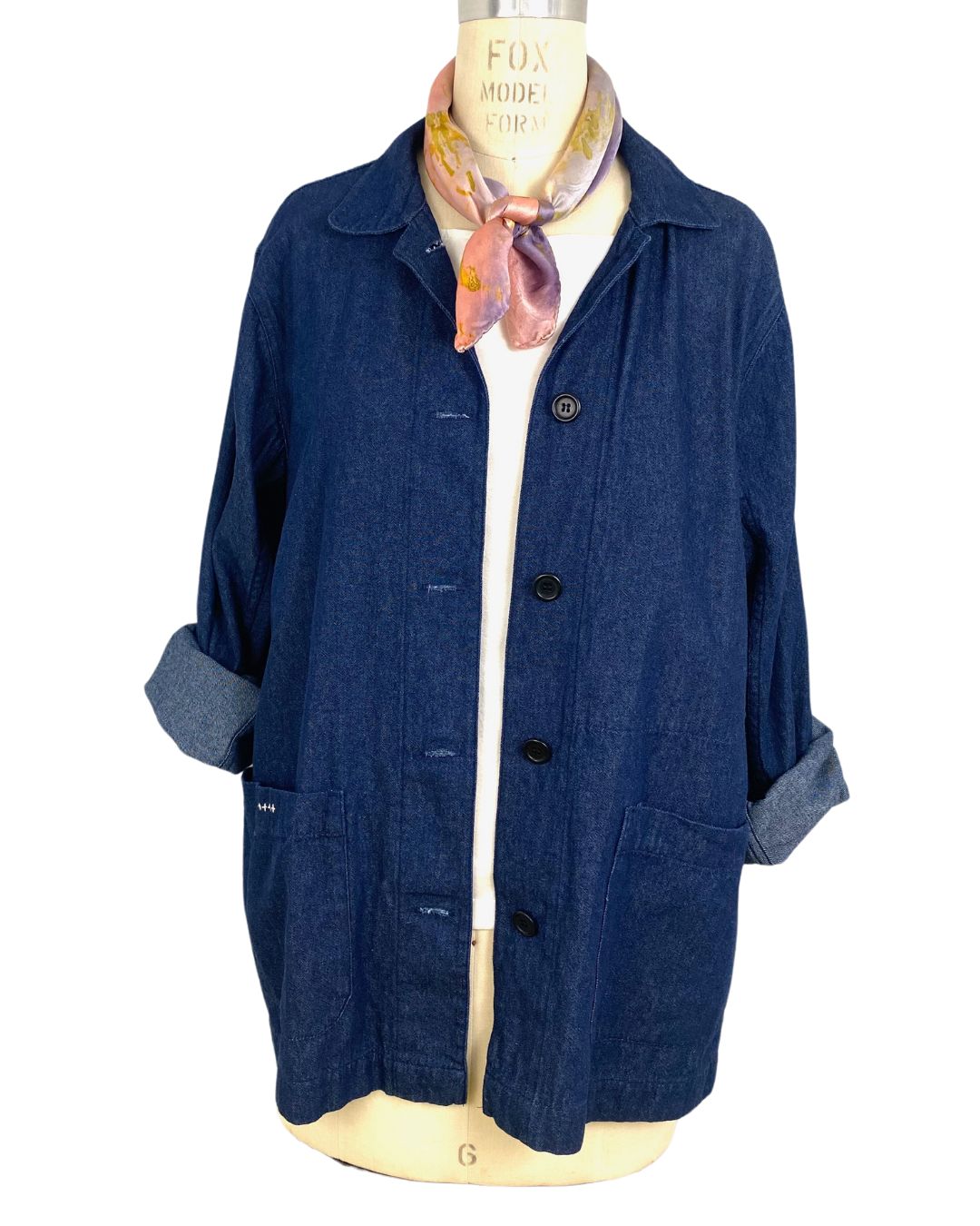 The front view of the blue denim sunrise jacket