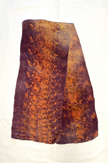 Botanically-dyed-long-silk-scarf-in-plum-orange-foliage
