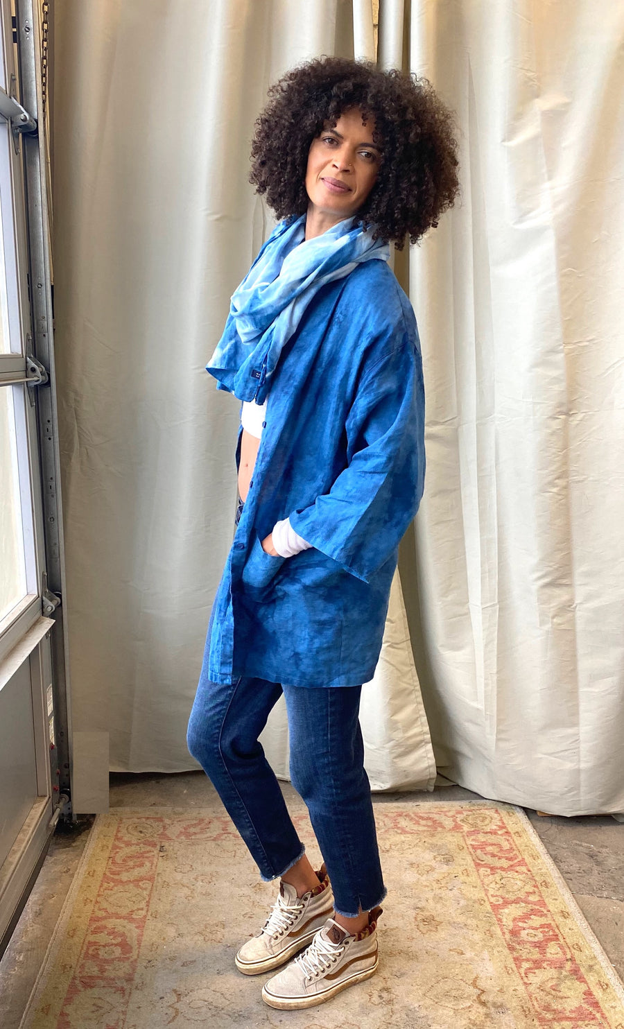 Linen Tunic Top in Blue with Pockets