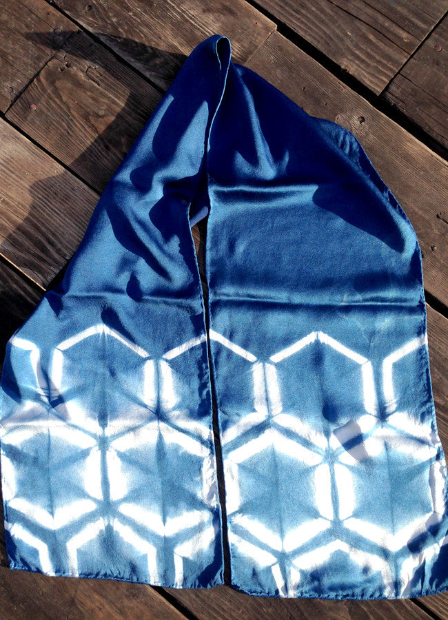 Silk Scarf in Indigo Blue - Natural Dyes - Hand Rolled Edges - Hexagon Motif