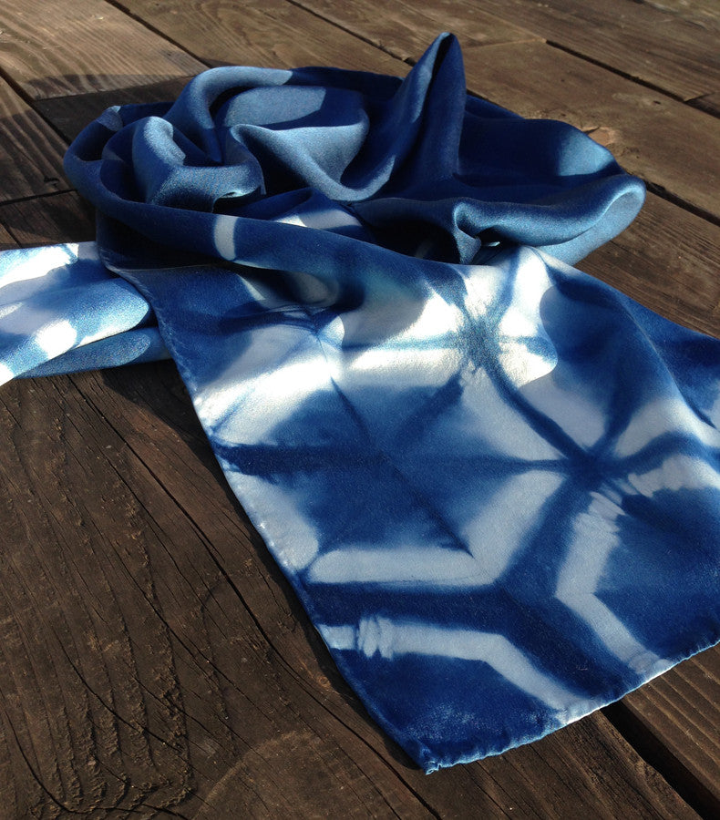 Silk Scarf in Indigo Blue - Natural Dyes - Hand Rolled Edges - Hexagon Motif