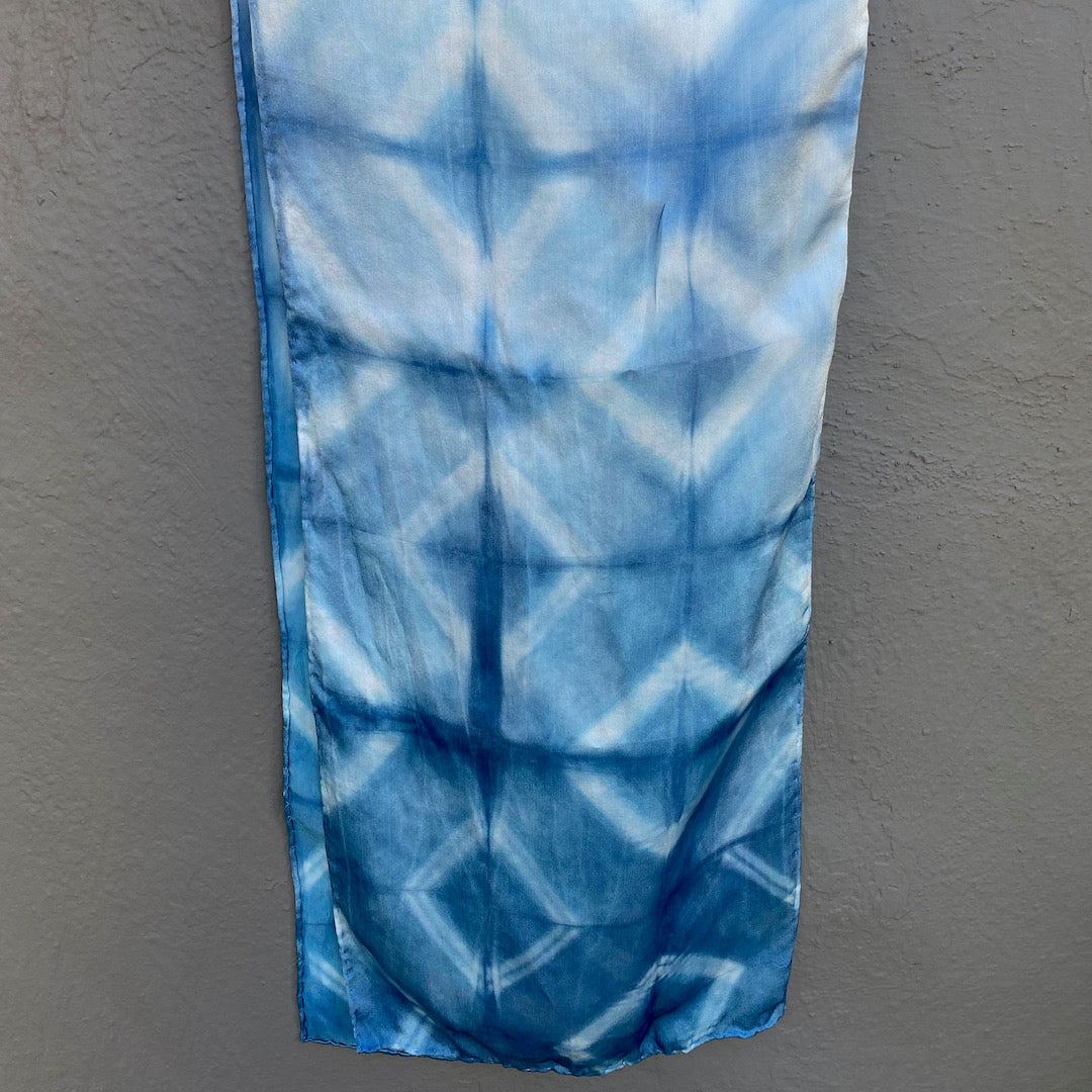 Silk Scarf in Indigo Blue - Natural Dyes - Hand Rolled Edges - Diamond Motif