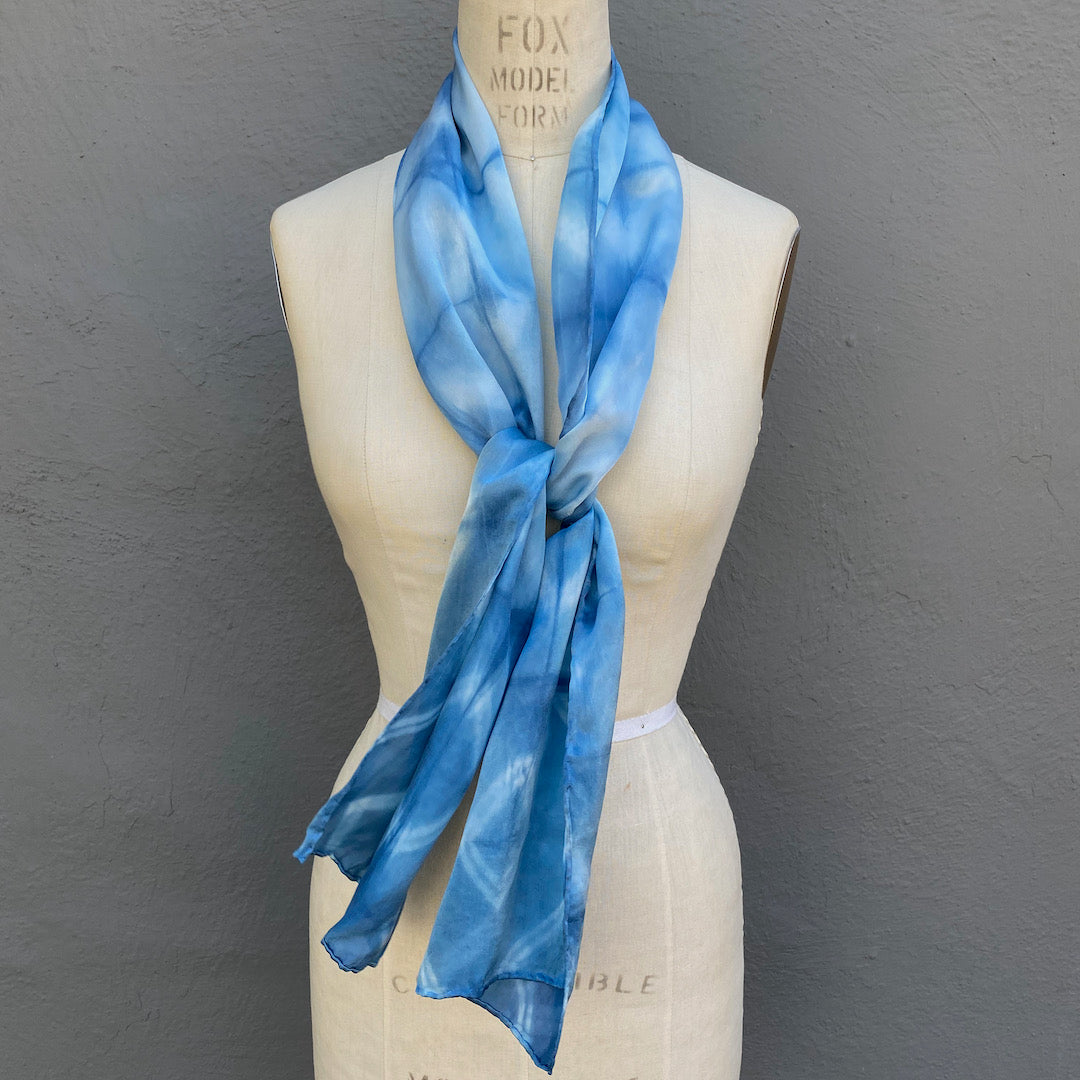 Silk Scarf in Indigo Blue - Natural Dyes - Hand Rolled Edges - Diamond Motif