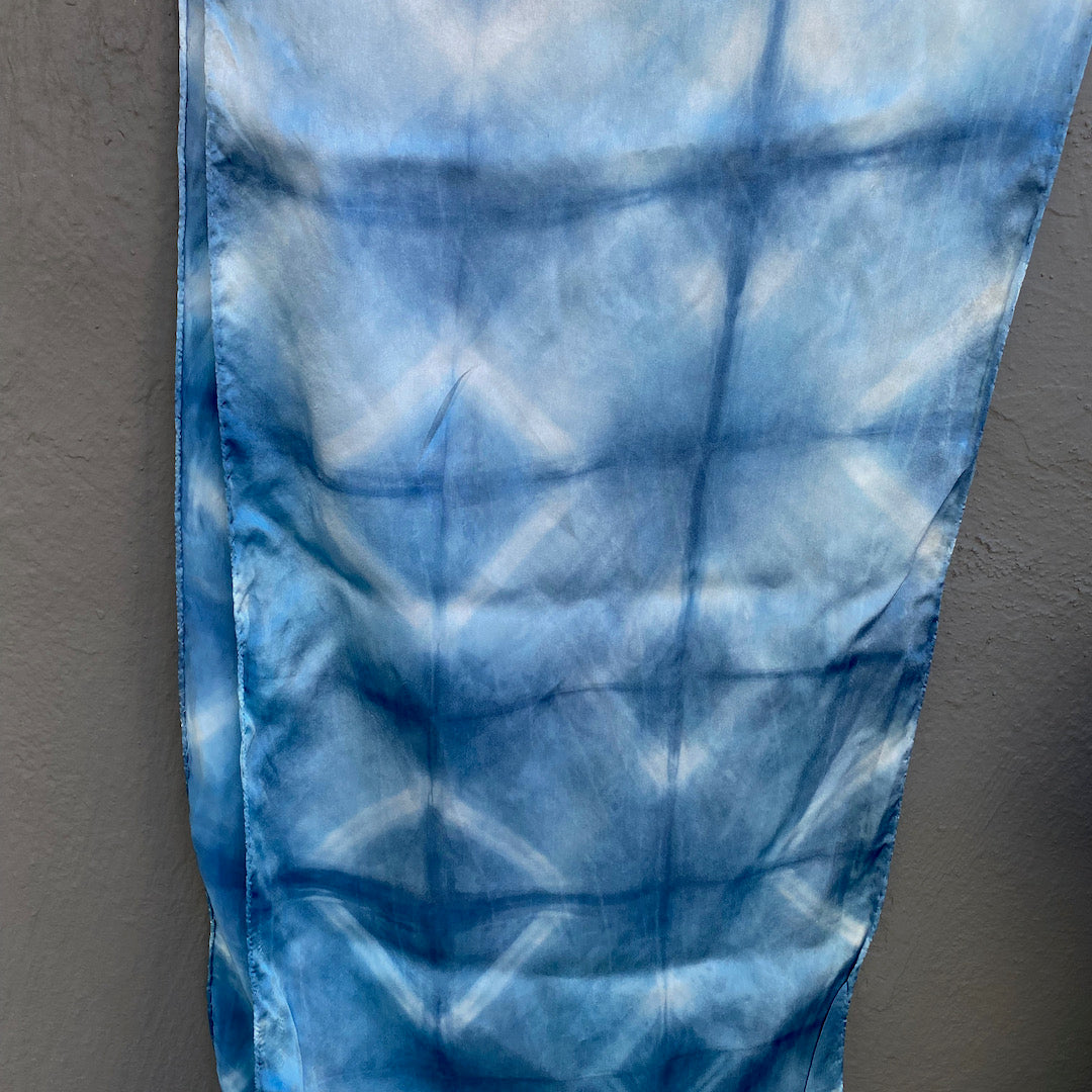 Silk Scarf in Indigo Blue - Natural Dyes - Hand Rolled Edges - Diamond Motif