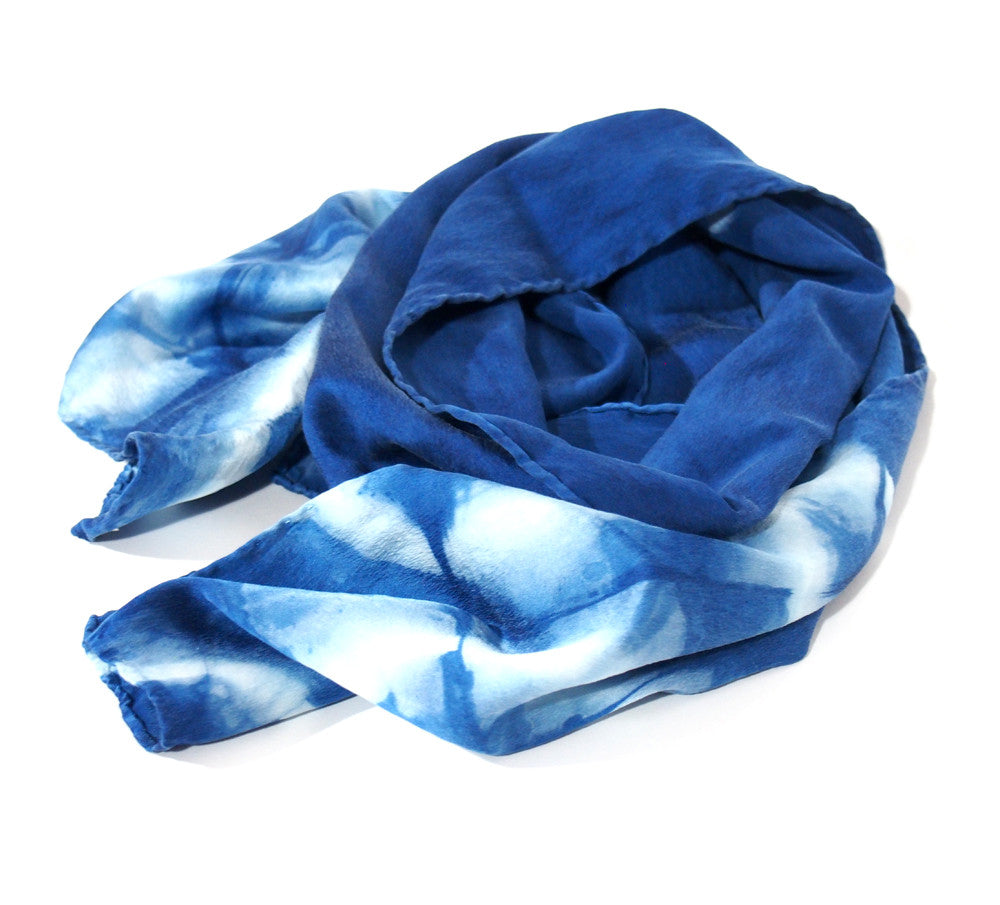 Silk Scarf in Indigo Blue - Natural Dyes - Hand Rolled Edges - Hexagon Motif